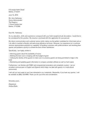 Job Application Letter For Hotel Receptionist Templates At