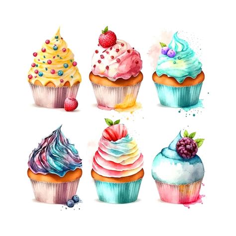 Premium Vector Cupcake Set With Cream Watercolor Illustration Ice Cream