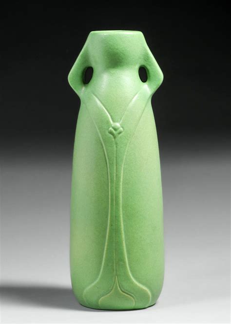 Tall Early Van Briggle Matte Green Two Handled Vase California