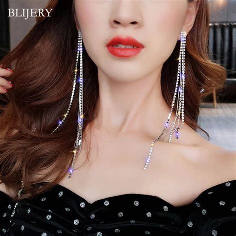 Blijery New Silver Color Rhinestone Crystal Long Tassel Earrings For