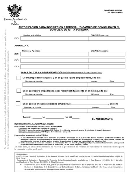 Autorización para inscripción padronal o cambio de domicilio