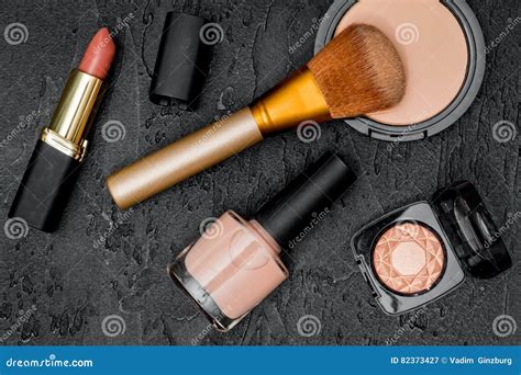 Decorative Cosmetics Nude On Dark Background Top View Stock Image Image Of Brush Feminine