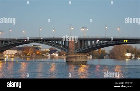 Tracking Pan Shot Of The Theodor Heuss Bridge Over The Rhine In Mainz