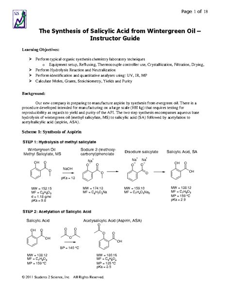 Salysylic Acid Synthesis Instructor Guide The Synthesis Of Salicylic Acid From Wintergreen Oil