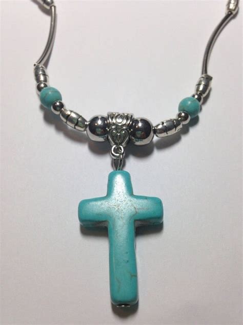 Turquoise Silver Cross Necklace By Krisjewelryboutique On Etsy