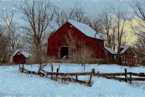 Rustic Country Christmas Barn in Snowy Field · Creative Fabrica