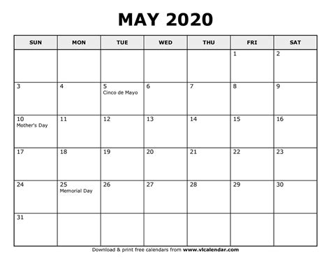 May 2020 Printable Calendar Printable Templates