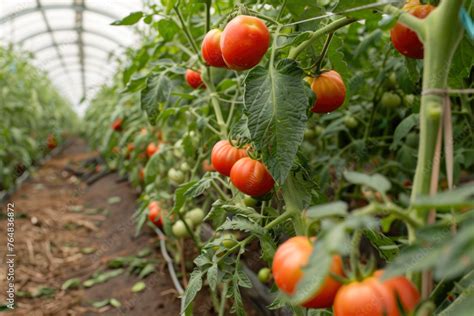 Foto De Inside A Tomato Greenhouse There Are Rows Of Tomato Plants