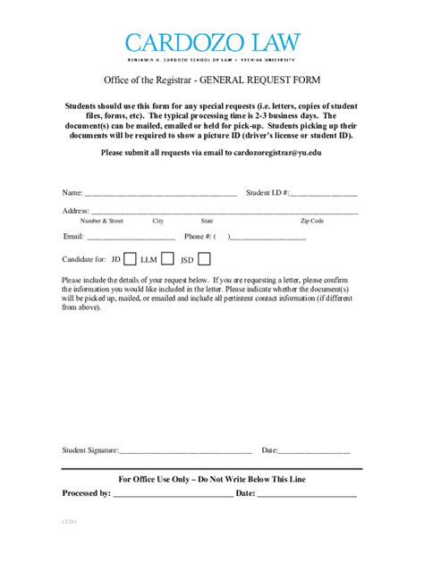 Fillable Online Cardozo Yu Office Of The Registrar General Request