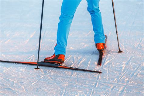 Closeup Of Cross Country Skiing Equipment Boots And Poles On A Snow ...