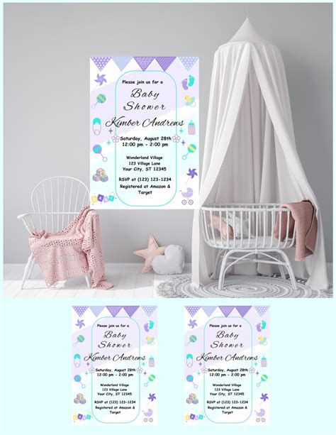 Baby Shower Modern Invitation Template Modern Lavender Teal Editable