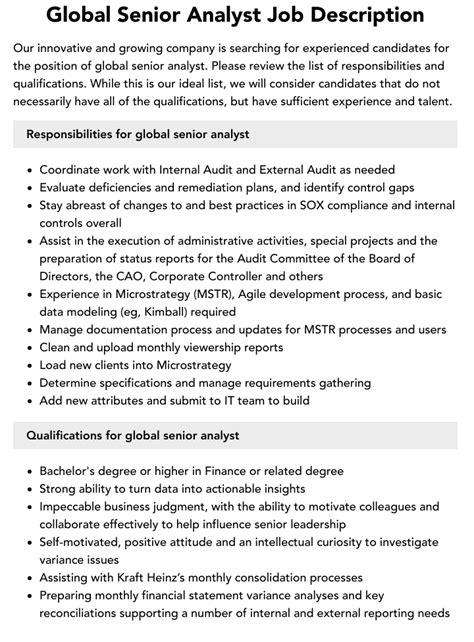 Global Senior Analyst Job Description Velvet Jobs