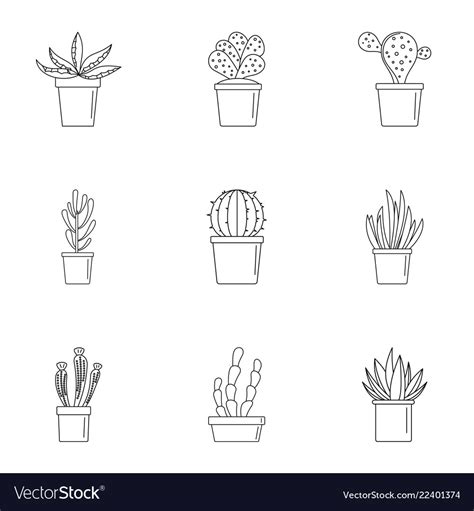 Succulent Cactus Icon Set Outline Style Royalty Free Vector