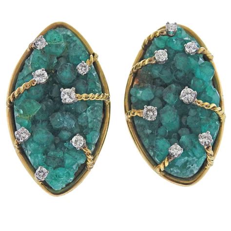 Gazdar Retro Emerald Diamond Gold Earrings at 1stDibs