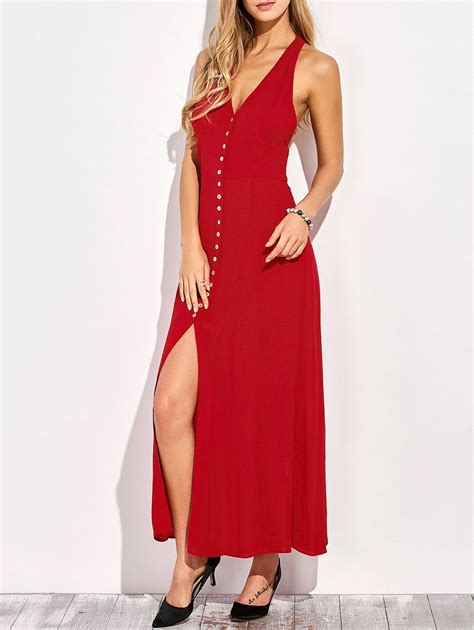 [15 Off] Plunging Neck Racerback Front Slit Maxi Club Dress Rosegal