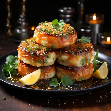 Premium AI Image Five Golden Shrimp Cakes Stacked On Top Of Each