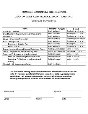 Fillable Online 2016 17 High School Mandatory Compliance DASA Training