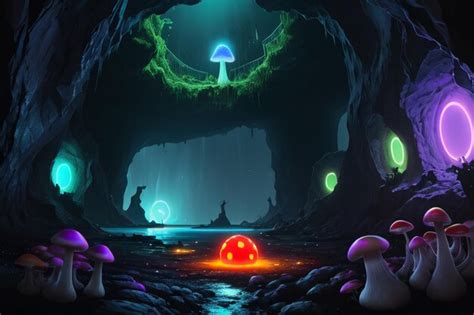 Premium AI Image | A digital painting of a cave with a mushroom and a ...