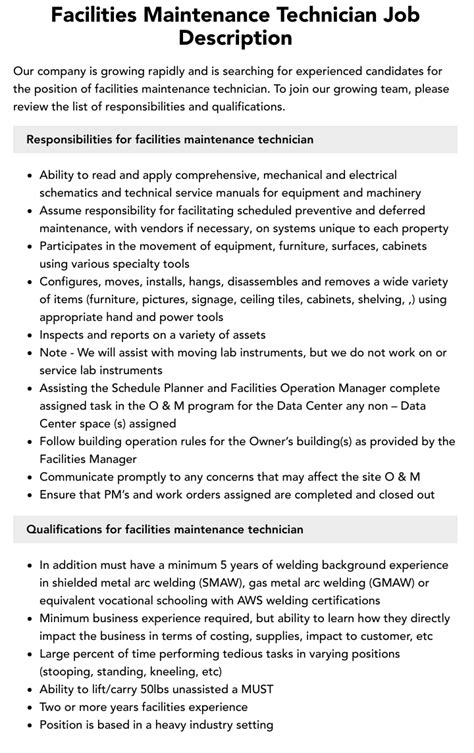 Facilities Maintenance Technician Job Description Velvet Jobs