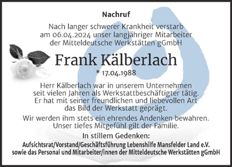 Traueranzeigen von Frank Kälberlach abschied nehmen de