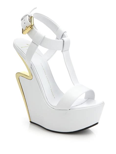 Lyst Giuseppe Zanotti Metal Trimmed Cutout Wedge Leather Sandals In White