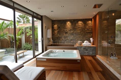 A Large Jacuzzi Tub In A Bathroom With Glass Walls Ai Stock Image