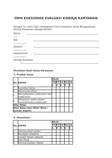 Contoh Kuesioner Penilaian Kinerja Karyawan Adalah Imagesee The Best