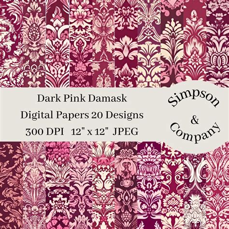 20 Dark Pink Damask Digital Paper Victorian Digital Paper Pack JPEG