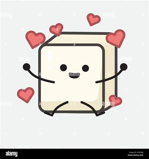 Vector Illustration Of Tofu Character With Cute Face And Simple Body Line Drawing On Isolated