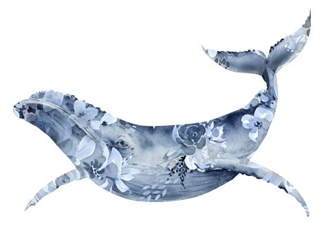 Watercolor Illustration Of A Large Blue Whale With A Floral Print Hand