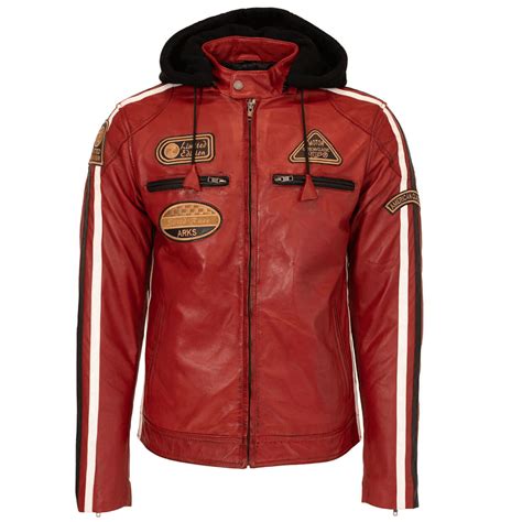 Leren Jas Heren Wit Rood Met Capuchon Leather City