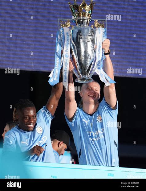 Manchester Citys Erling Haaland And Jeremy Doku Celebrate With The