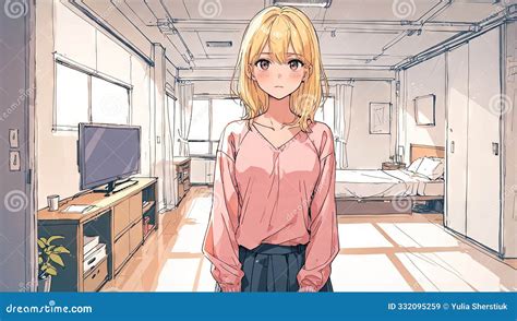 A Blonde Anime Girl Standing In A Room Indoors Cute Anime Girl Digital Avatar Character