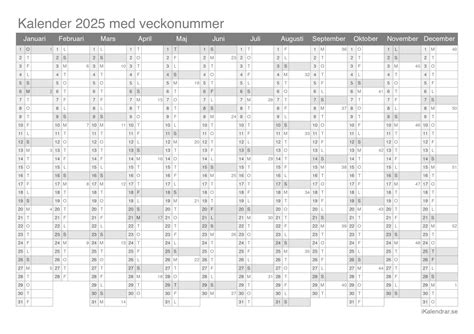 Kalender 2025 för utskrift