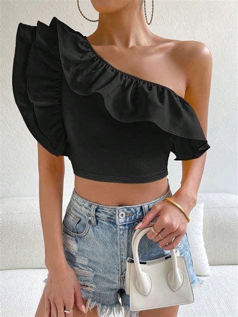 Shein Priv One Shoulder Ruffle Trim Crop Top Shein Usa