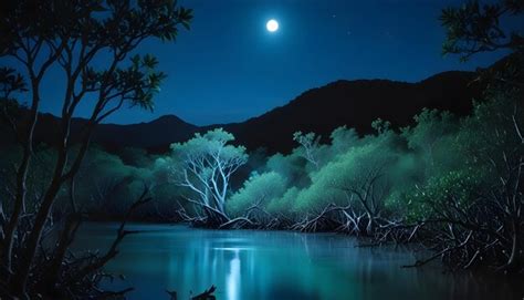 A Full Moon Is Shining Over A Lake With Trees And The Moon Premium Ai