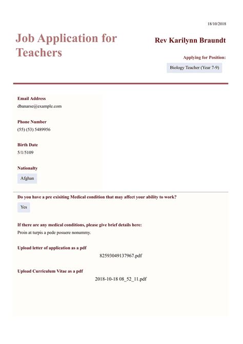 Job Application For Teachers Template PDF Templates Jotform