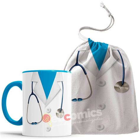 Caneca Profiss O M Dico Jaleco Medicina Azul Saquinho Elicomics