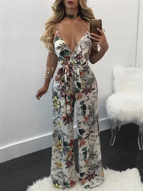 Floral Spaghetti Strap Deep V Neck Tied Wrap Flared Jumpsuit Rompers