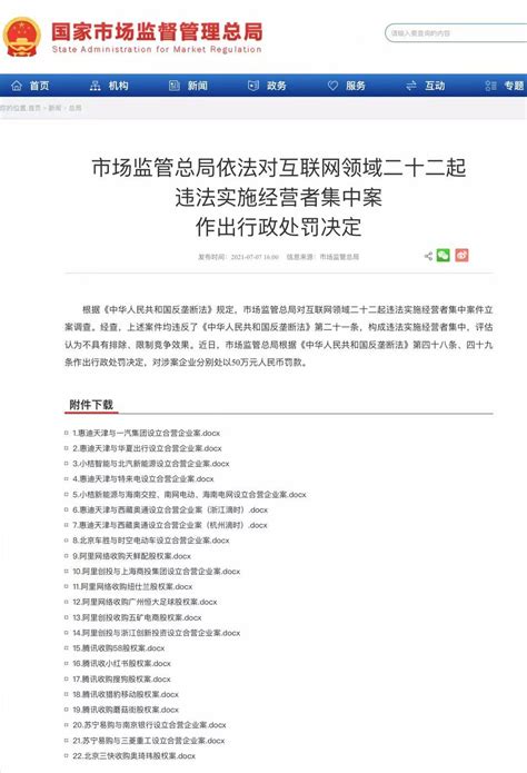 市场监管总局：多家公司因违反反垄断法被罚50万 阿里、腾讯两巨头赫然在列