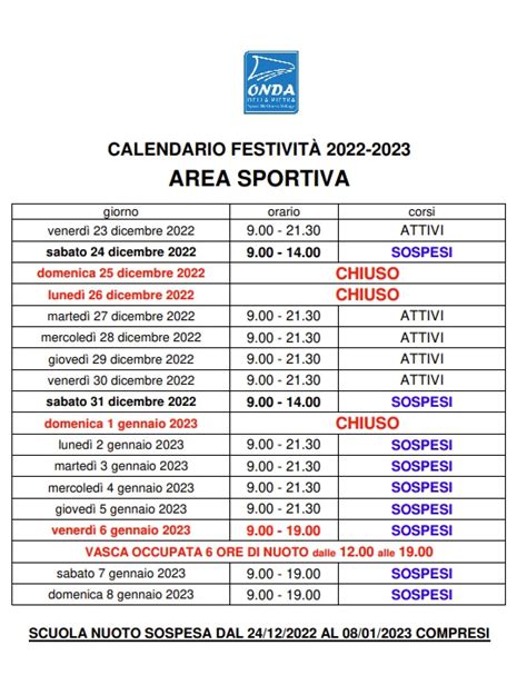 Calendario festività natalizie 2022 2023 Onda della Pietra