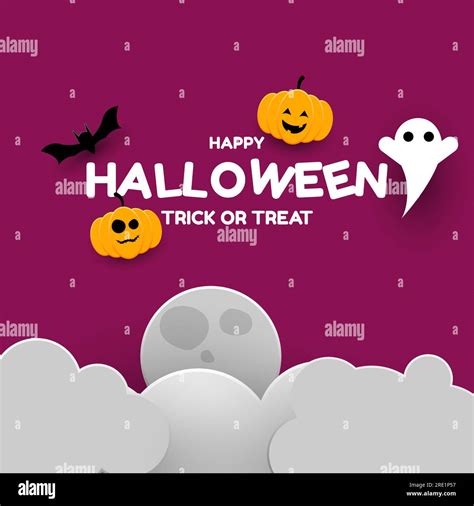 Happy Halloween Background With Ghost Pumpkin Moon Cloud And Bat