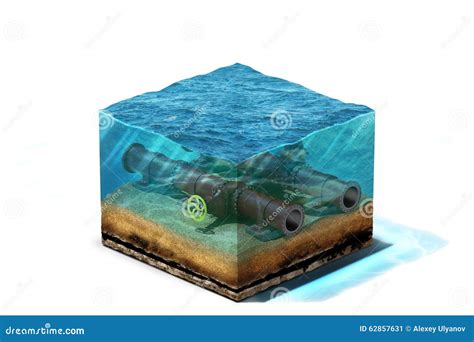 D Illustration Of Oil Pipeline With Valve Lying On Ocean Bottom Under