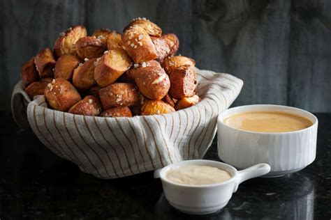 Pretzel Bites with Green Chili Cheddar and Mustard Dipping Sauces - Goodie Godmother