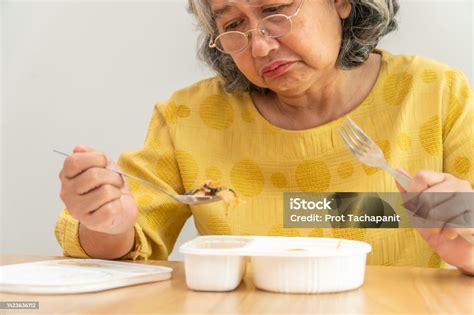 Unhappy Asian Senior Woman Anorexia And Say No To Ready Meals Elderly