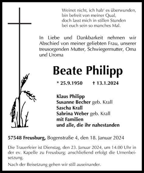 Traueranzeigen Von Beate Philipp Rz Trauer De