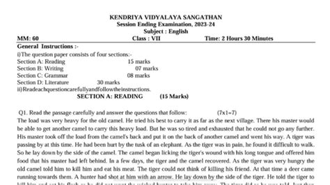 Class English Annual Exam Sample Question Paper Term Kv