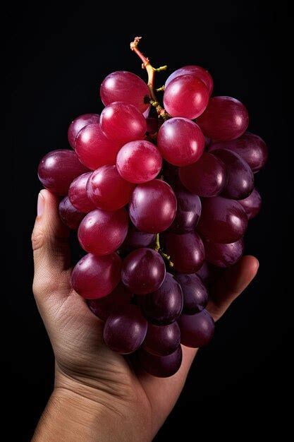 Mano Sosteniendo Un Ramo De Uvas Rojas Aisladas En Un Fondo Negro