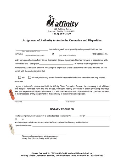 Fillable Online Assignment Of Authority To Authorize Cremation And