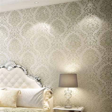 Wholesale 3D wallpaper rolls papel de parede Damascus gold Creamy white non woven glitter ...